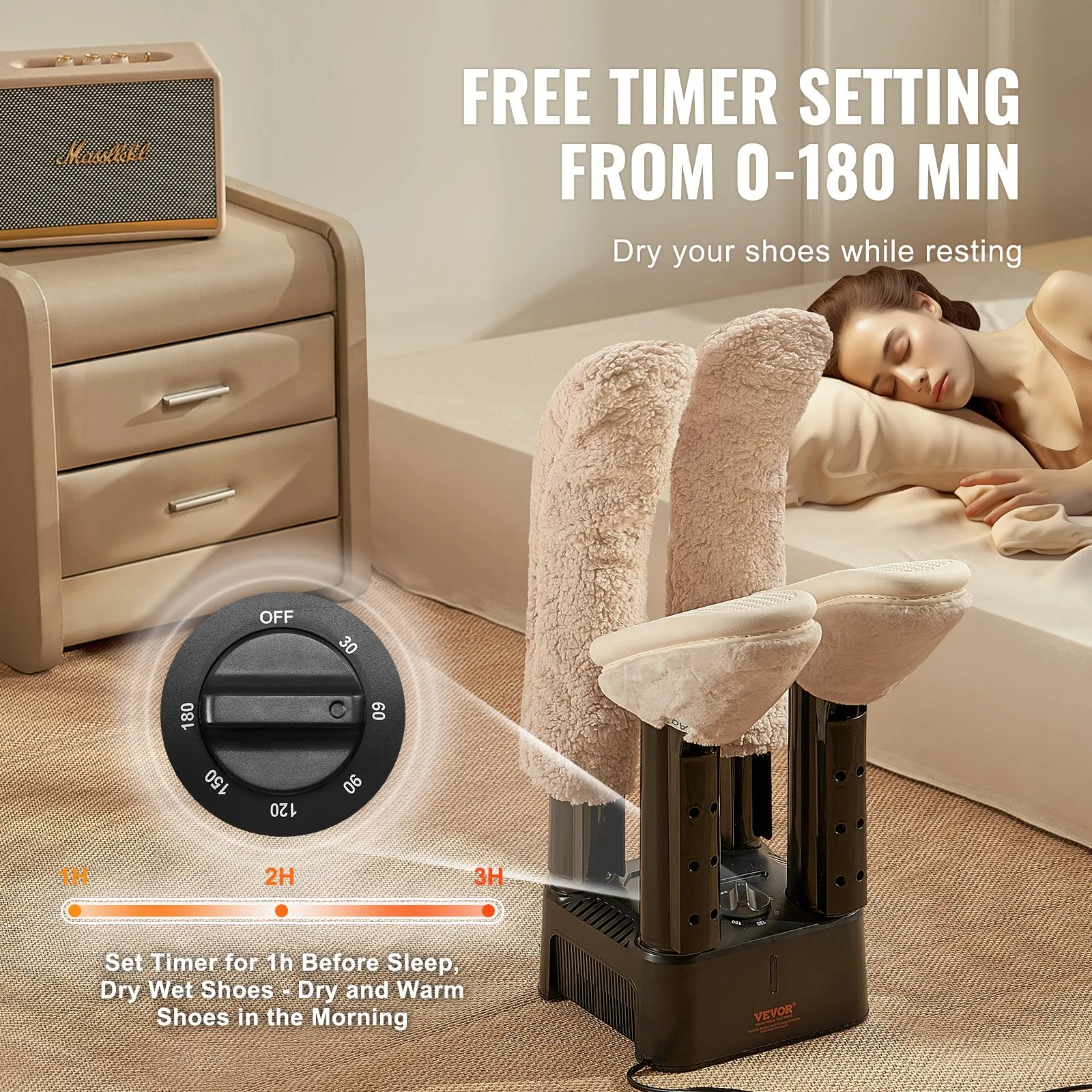 VEVOR Detachable 4 Tubes Shoe Dryer with Heat Blower & Timer Black & Orange,Ultra Silent, Quick Drying for Work Boots, Ski Boots, Sneakers, Gloves, Hats, Helmets