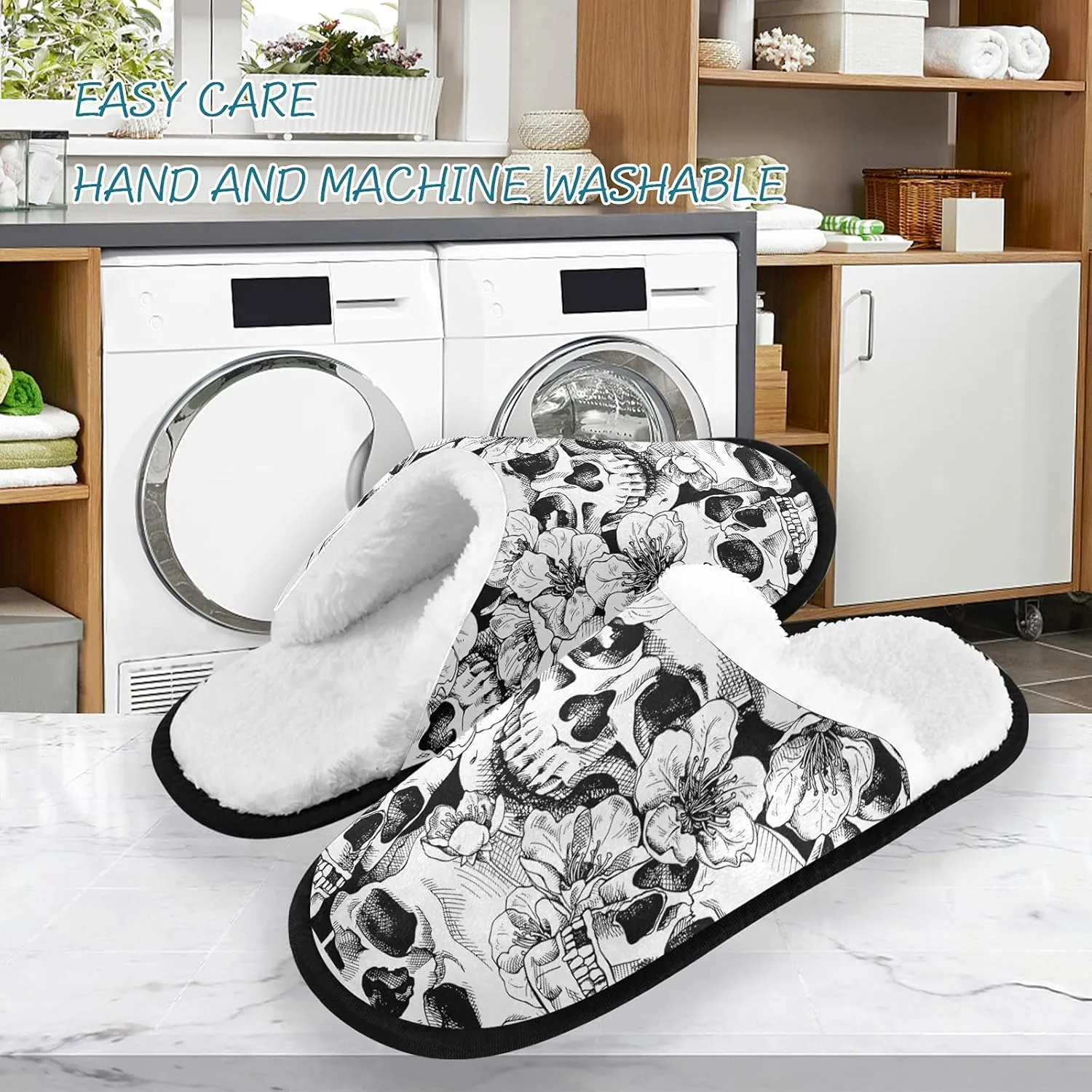 visesunny Skull With Flower Cherry Cozy Fuzzy Womens Memory Foam House Slippers Plush Fleece Indoor Outdoor Slipper