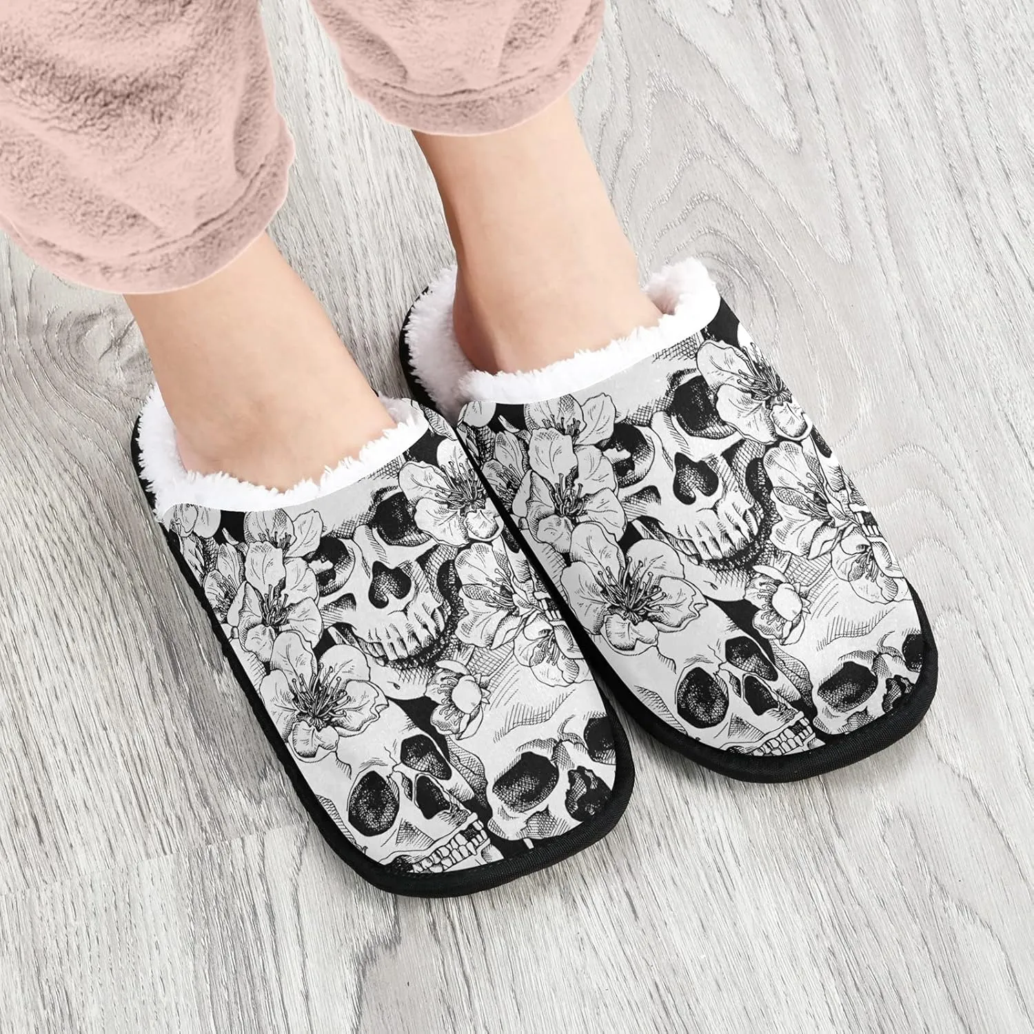 visesunny Skull With Flower Cherry Cozy Fuzzy Womens Memory Foam House Slippers Plush Fleece Indoor Outdoor Slipper