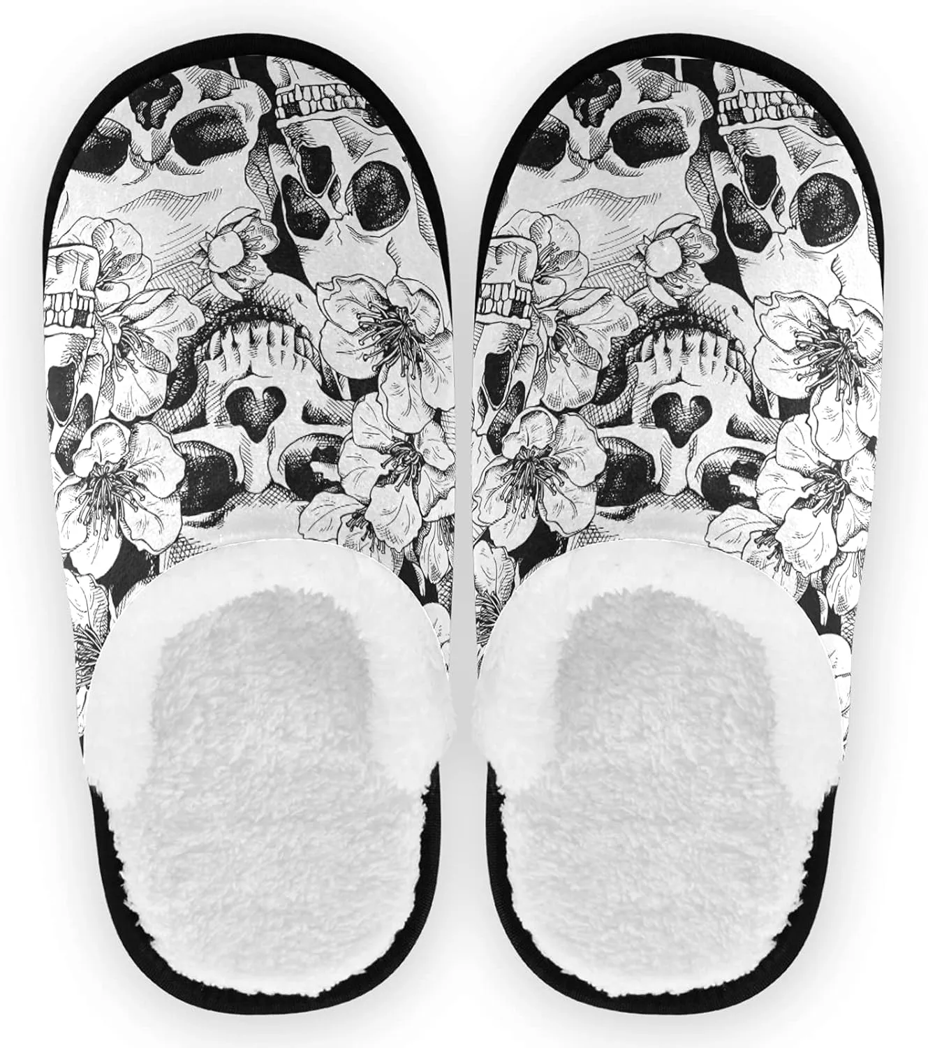 visesunny Skull With Flower Cherry Cozy Fuzzy Womens Memory Foam House Slippers Plush Fleece Indoor Outdoor Slipper