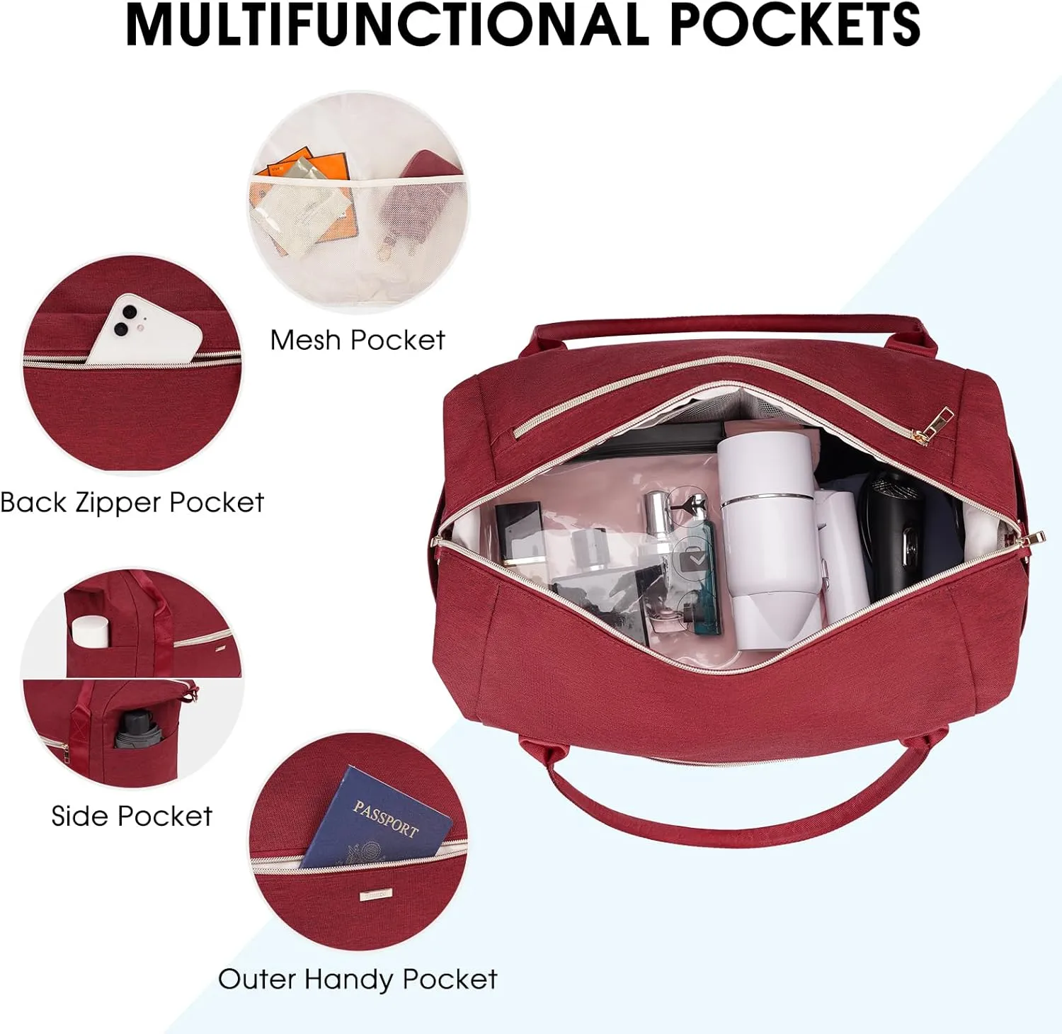 WANDF For Spirit Airlines Personal Item Bag 18x14x8 Travel Duffel Bag with TSA Approved Quart Size Bag & Shoe Bags Weekender Overnight Carry-on Luggage for Women (Red)