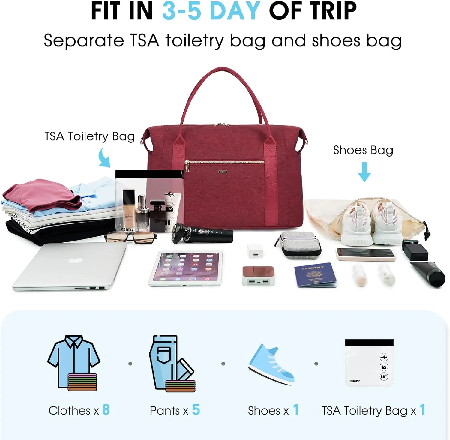 WANDF For Spirit Airlines Personal Item Bag 18x14x8 Travel Duffel Bag with TSA Approved Quart Size Bag & Shoe Bags Weekender Overnight Carry-on Luggage for Women (Red)