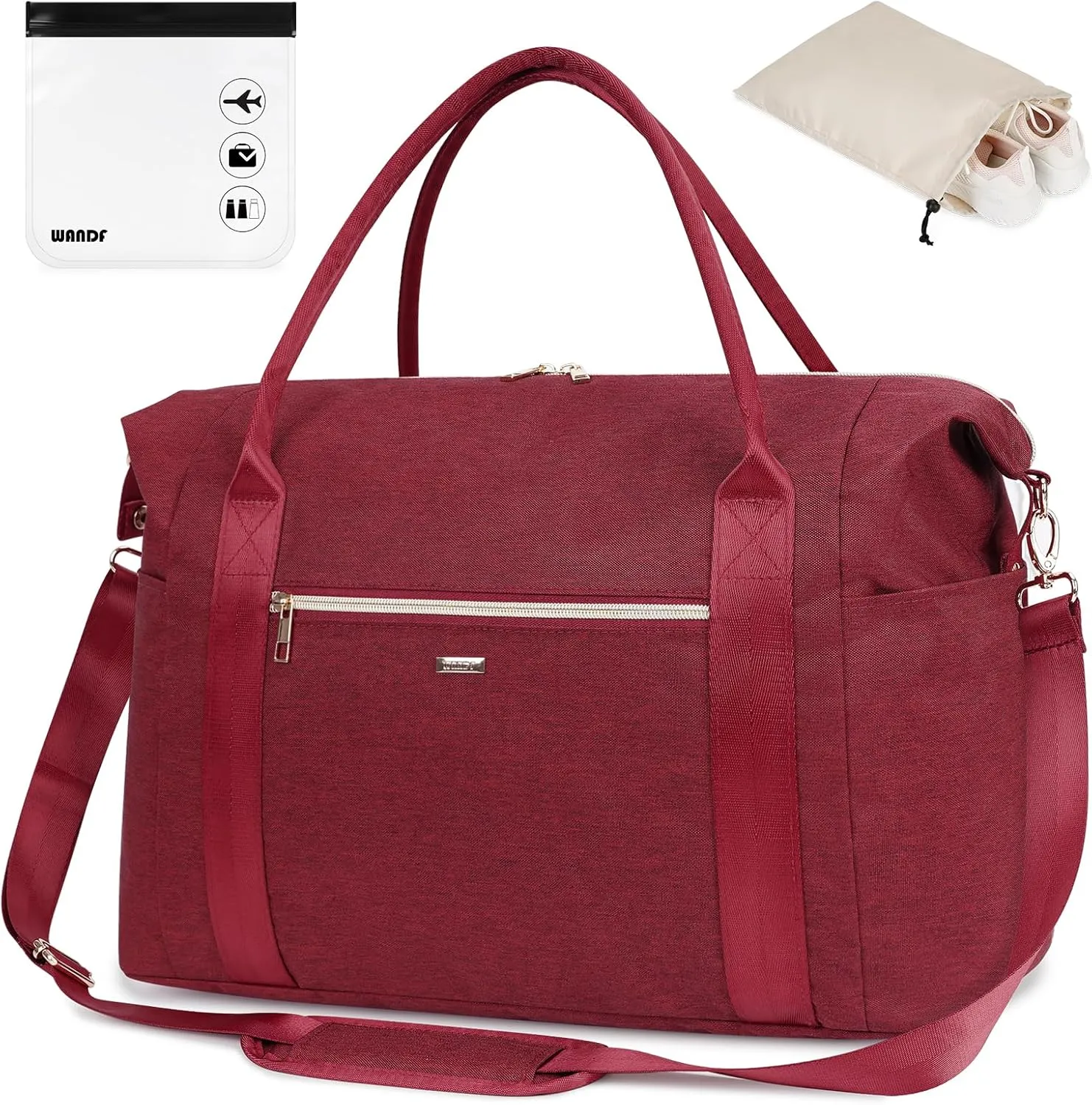 WANDF For Spirit Airlines Personal Item Bag 18x14x8 Travel Duffel Bag with TSA Approved Quart Size Bag & Shoe Bags Weekender Overnight Carry-on Luggage for Women (Red)