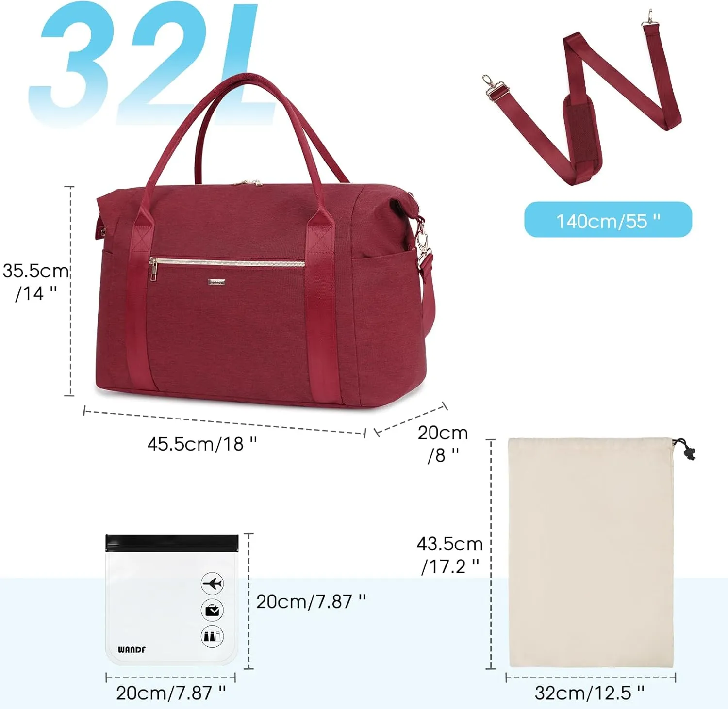 WANDF For Spirit Airlines Personal Item Bag 18x14x8 Travel Duffel Bag with TSA Approved Quart Size Bag & Shoe Bags Weekender Overnight Carry-on Luggage for Women (Red)