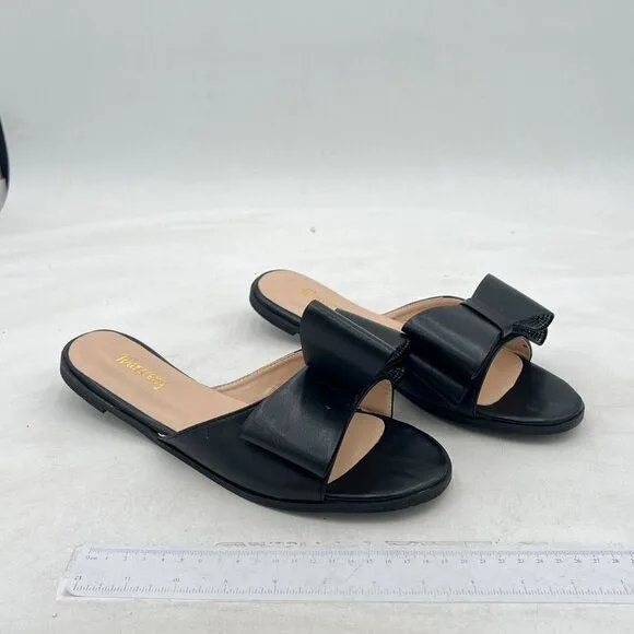 Wansseny Black Open Toe Bowknot Slip on Mules Ladies Comfy Indoor Outdoor Flat