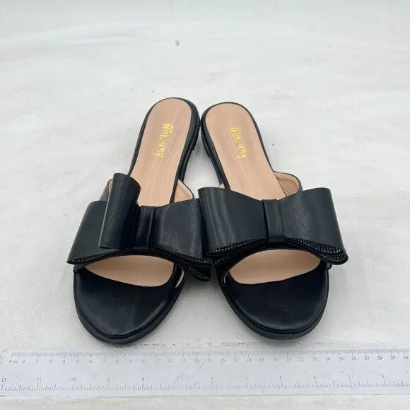 Wansseny Black Open Toe Bowknot Slip on Mules Ladies Comfy Indoor Outdoor Flat