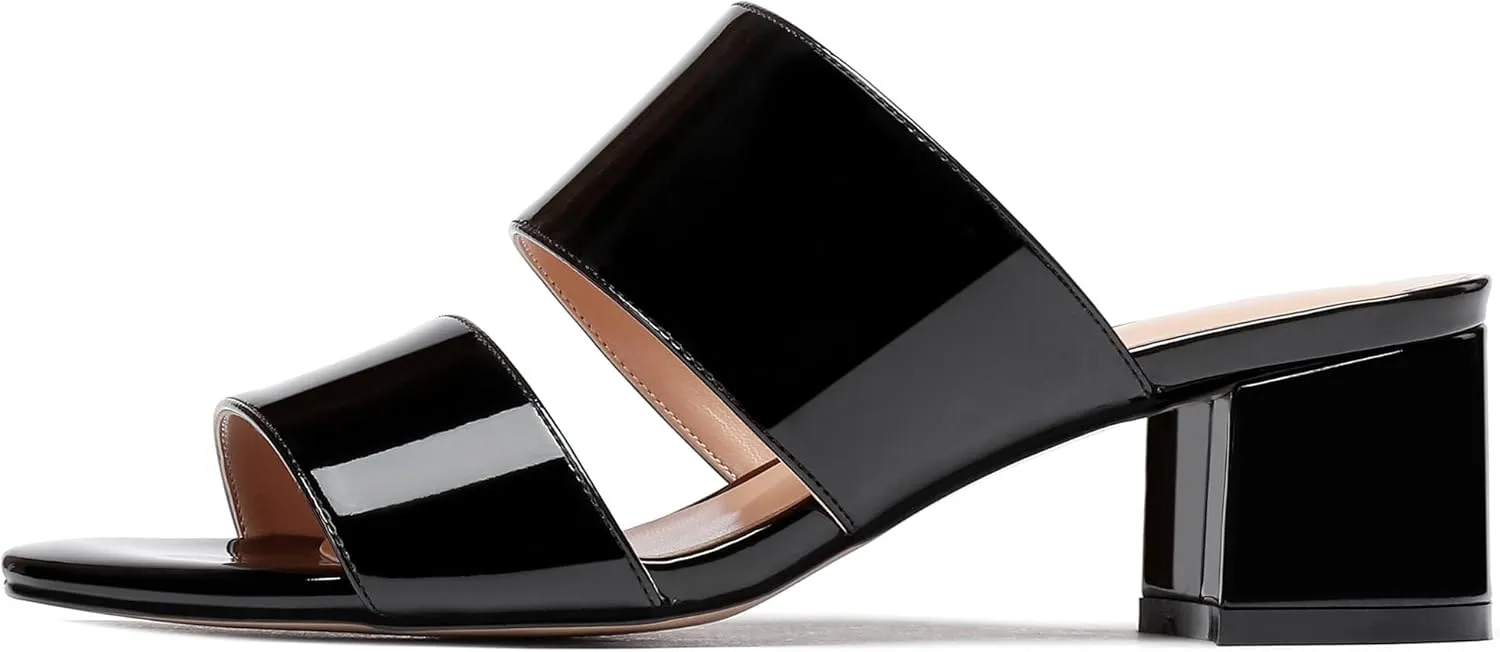 WAYDERNS Women's Slip On Open Toe Patent Chunky Low Heel Slides Two Piece Sandals 2 Inch