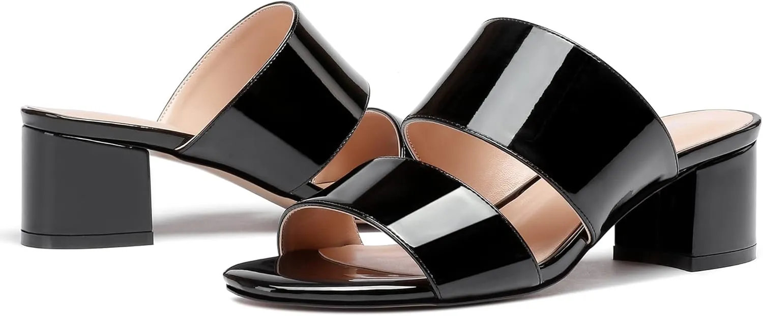 WAYDERNS Women's Slip On Open Toe Patent Chunky Low Heel Slides Two Piece Sandals 2 Inch