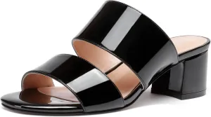 WAYDERNS Women's Slip On Open Toe Patent Chunky Low Heel Slides Two Piece Sandals 2 Inch