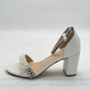 White Open Toe Block Heel Sandals Pearl Ankle Strap Buckle Dress Shoes