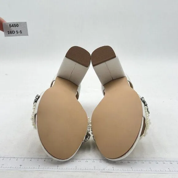 White Open Toe Block Heel Sandals Pearl Ankle Strap Buckle Dress Shoes