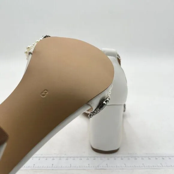 White Open Toe Block Heel Sandals Pearl Ankle Strap Buckle Dress Shoes