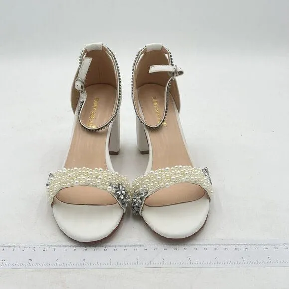 White Open Toe Block Heel Sandals Pearl Ankle Strap Buckle Dress Shoes