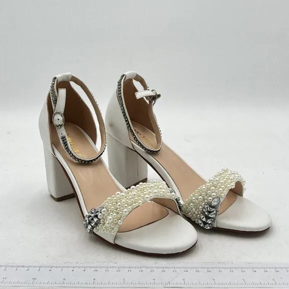 White Open Toe Block Heel Sandals Pearl Ankle Strap Buckle Dress Shoes