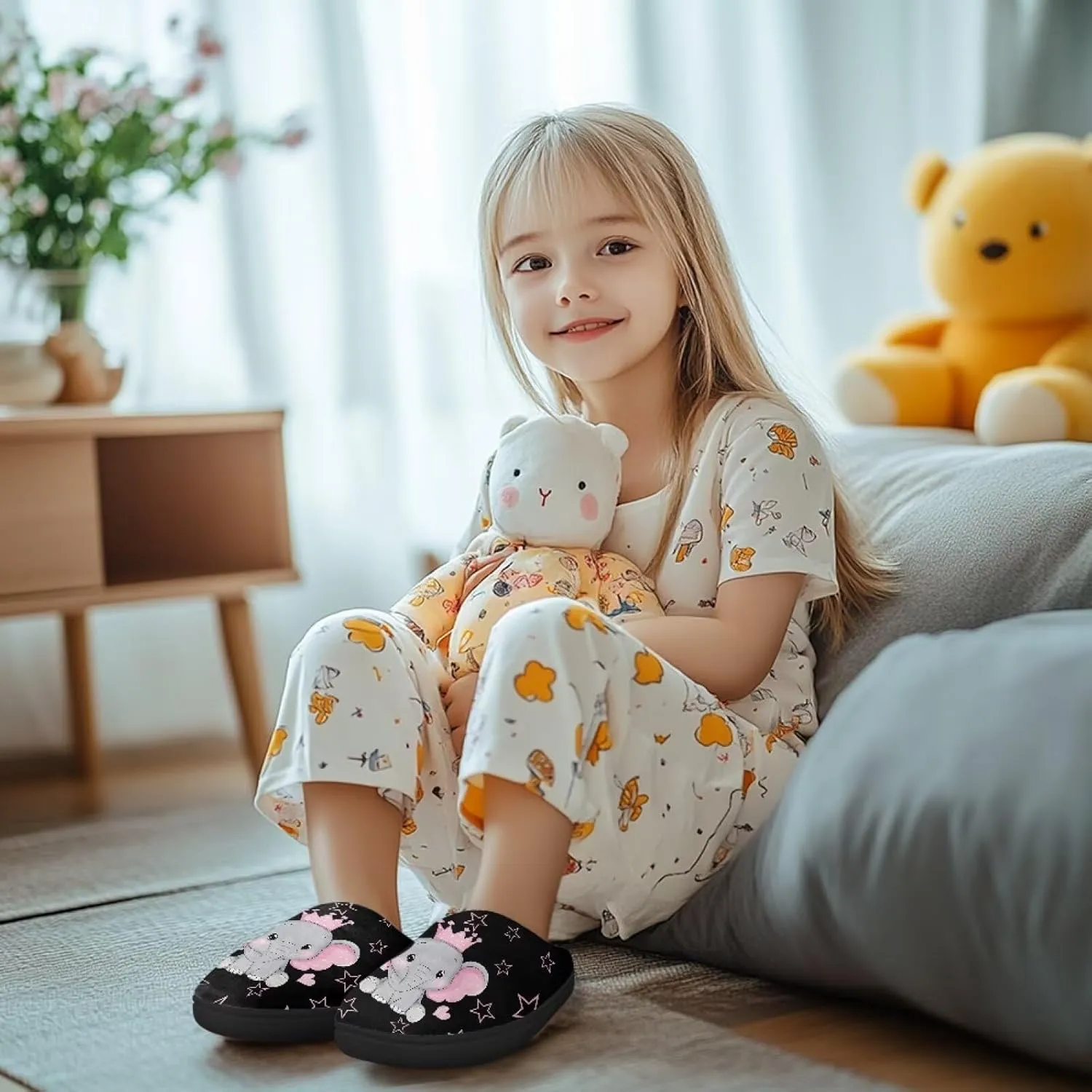 Winter Fuzzy Slippers for Kids, Soft Comfy House Slippers for Bedroom, Closed Toe Anti-Skid Scuff Slippers