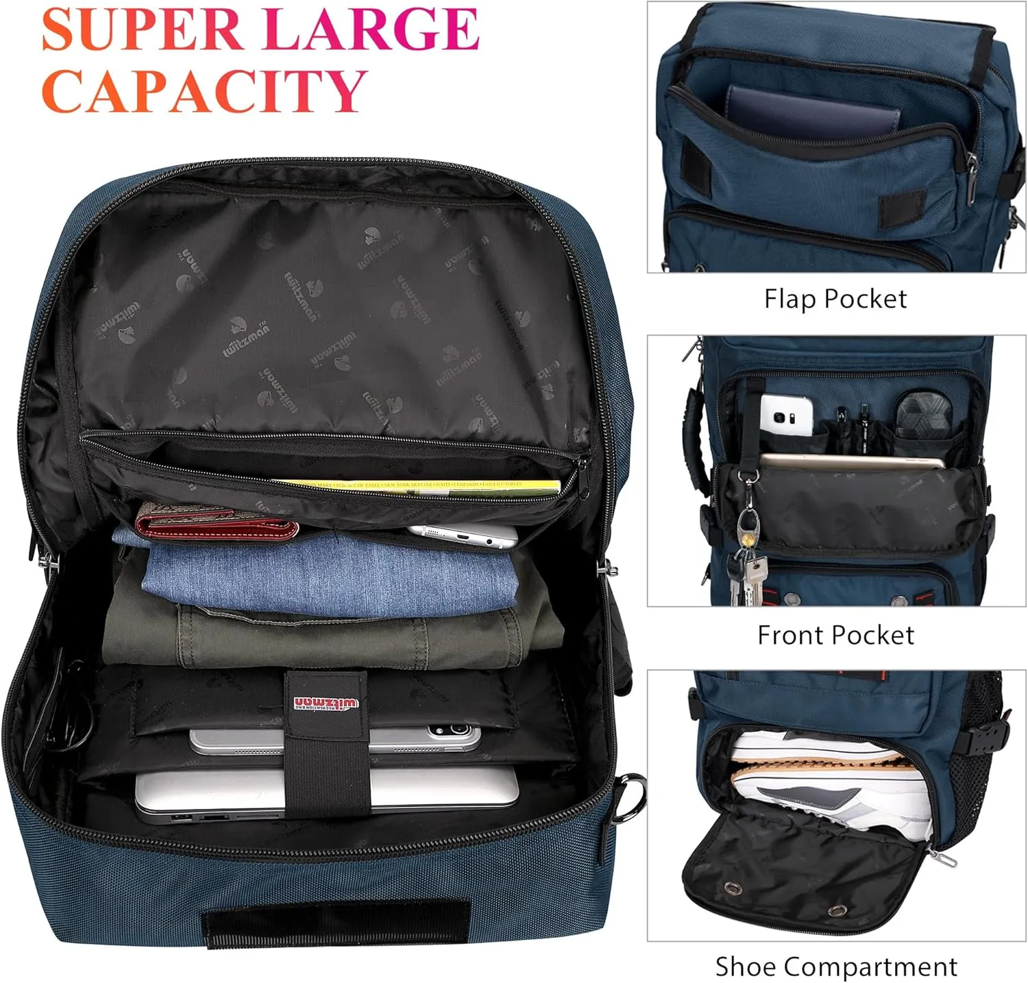 WITZMAN Carry on Travel Backpack for Men Airline Approved Convertible Nylon Duffle Backpack Luggage Bag (B682 Blue