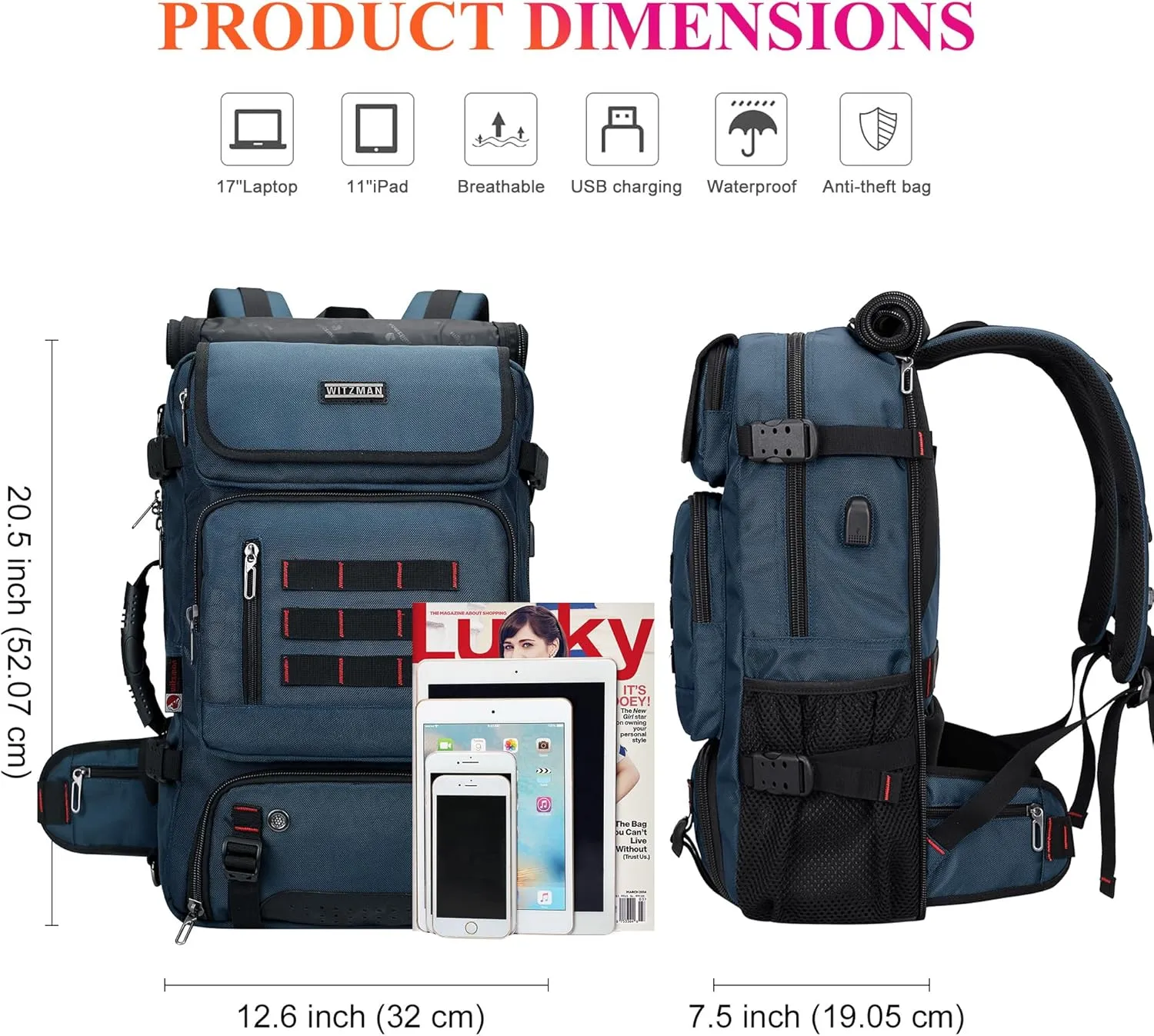 WITZMAN Carry on Travel Backpack for Men Airline Approved Convertible Nylon Duffle Backpack Luggage Bag (B682 Blue