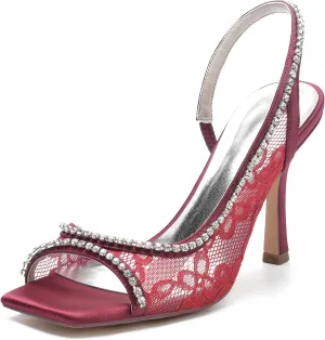 WOilERQ Womens Slingback Square Toe Stiletto Pumps Slip-on High Heels Lace Cutout Side Cut Open Toe Office Lady Sandals Party Prom Dress Shoes,Red,7.5