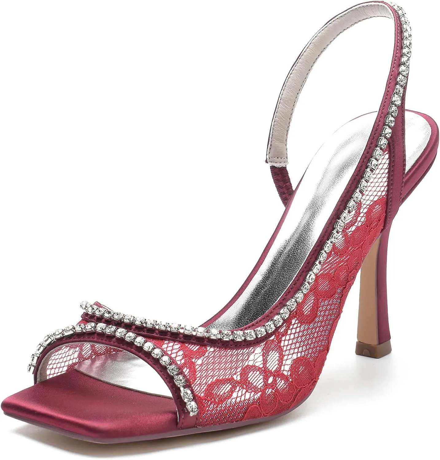 WOilERQ Womens Slingback Square Toe Stiletto Pumps Slip-on High Heels Lace Cutout Side Cut Open Toe Office Lady Sandals Party Prom Dress Shoes,Red,7.5