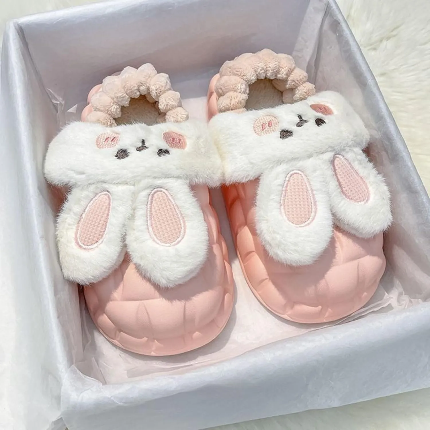 Women Cute Rabbit Ear Plush Slippers House Non-Slip Fluffy Bunny Slipper Indoor Warm Plush Animal Shoes Birthday Holiday Gifts for Girls Ladies