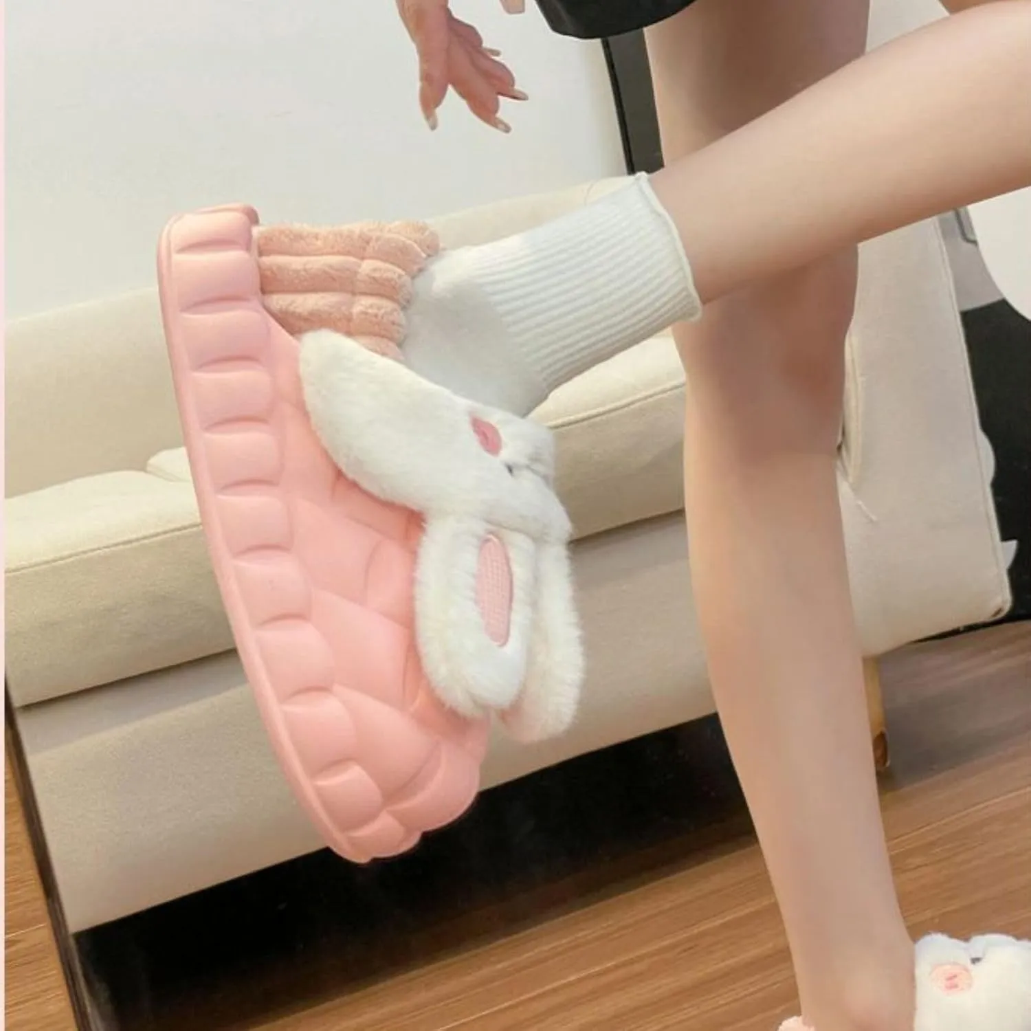 Women Cute Rabbit Ear Plush Slippers House Non-Slip Fluffy Bunny Slipper Indoor Warm Plush Animal Shoes Birthday Holiday Gifts for Girls Ladies