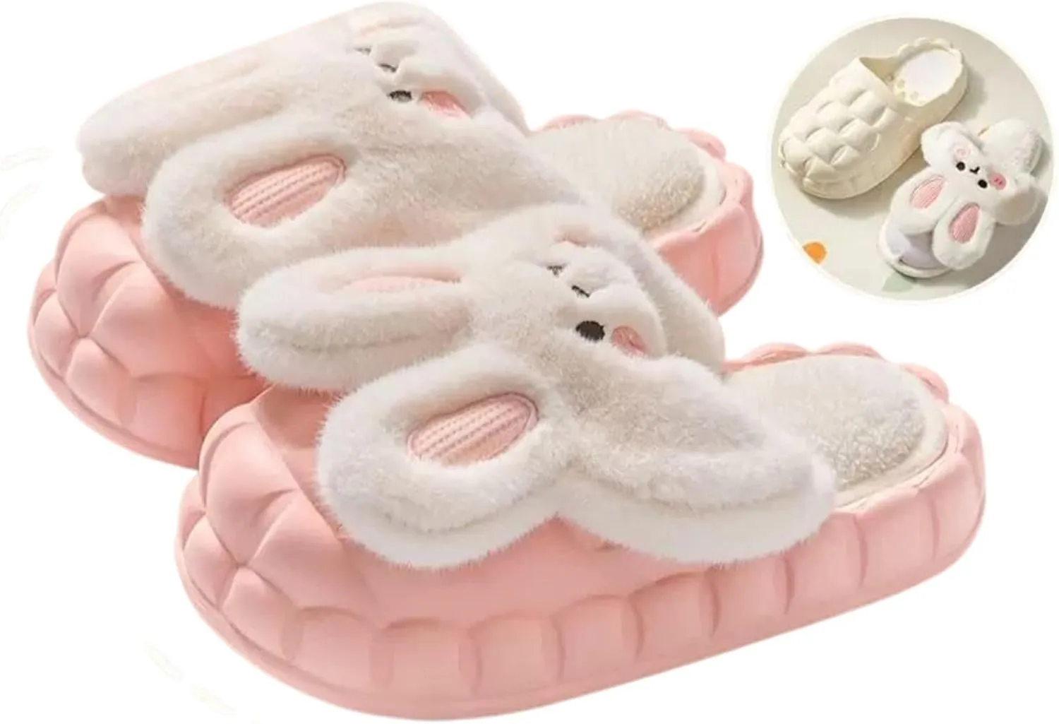 Women Cute Rabbit Ear Plush Slippers House Non-Slip Fluffy Bunny Slipper Indoor Warm Plush Animal Shoes Birthday Holiday Gifts for Girls Ladies