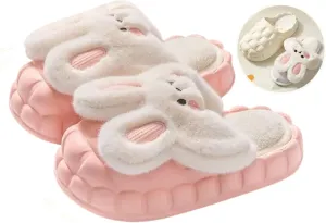 Women Cute Rabbit Ear Plush Slippers House Non-Slip Fluffy Bunny Slipper Indoor Warm Plush Animal Shoes Birthday Holiday Gifts for Girls Ladies