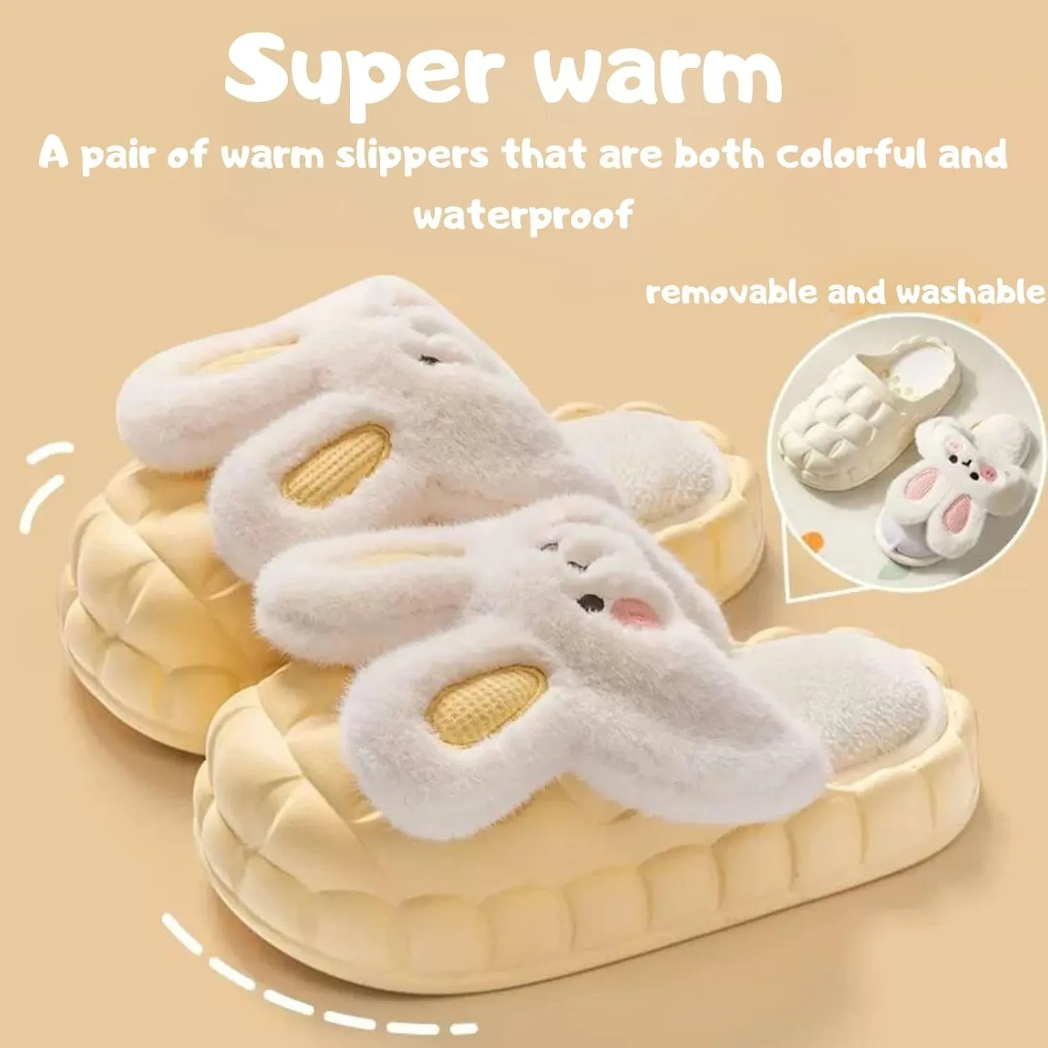 Women Cute Rabbit Ear Plush Slippers House Non-Slip Fluffy Bunny Slipper Indoor Warm Plush Animal Shoes Birthday Holiday Gifts for Girls Ladies
