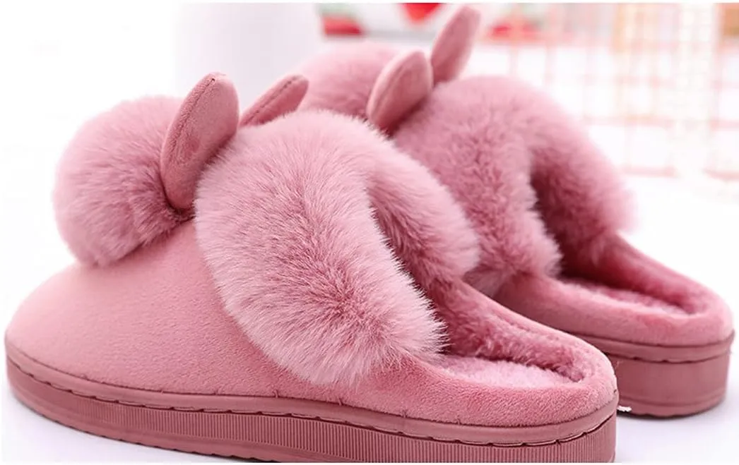 Women Cute Rabbit Ear Slippers House Non-Slip Soft Fluffy Bunny Slipper Indoor Winter Warm Plush Animal Shoes