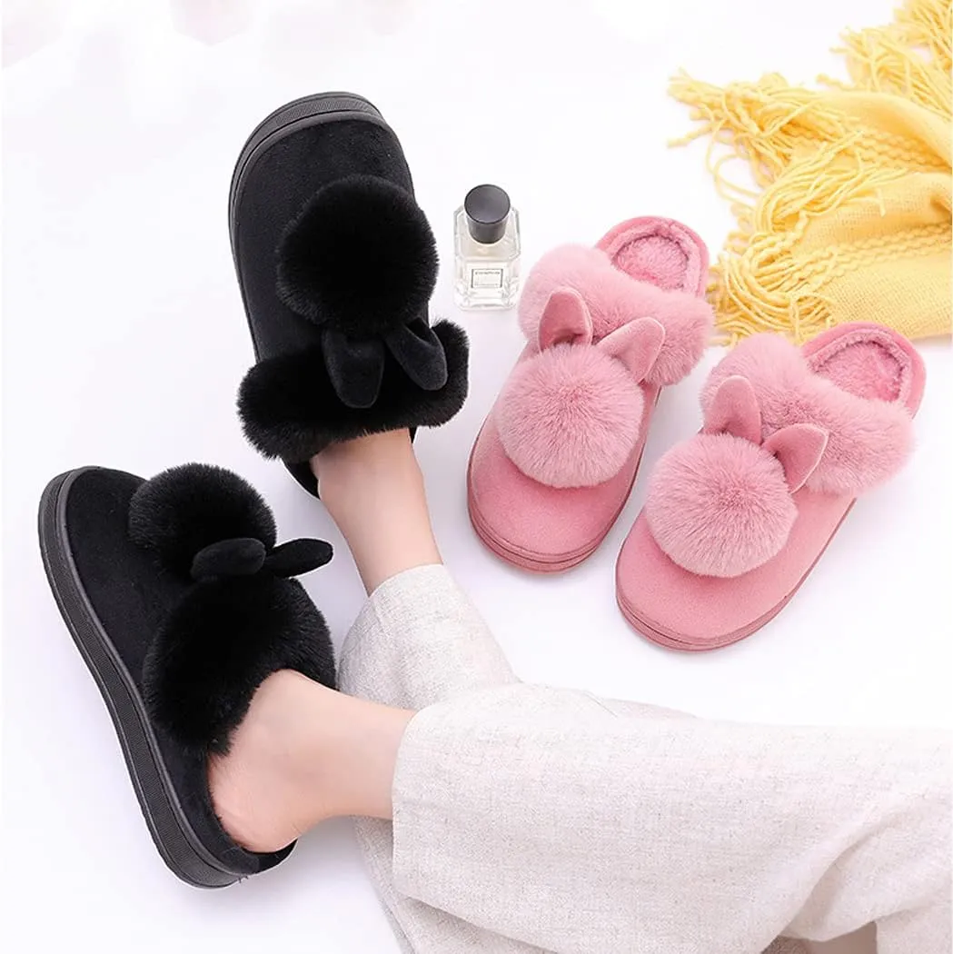 Women Cute Rabbit Ear Slippers House Non-Slip Soft Fluffy Bunny Slipper Indoor Winter Warm Plush Animal Shoes