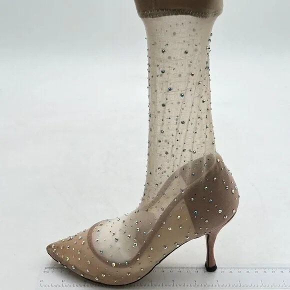 Women Dazzling Full Rhinestones Flexible Mesh Silk Stiletto High Heel Pumps Sock