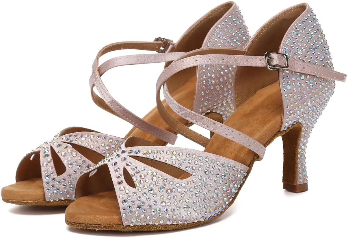 Women Latin Dance Shoes Rhinestones Open Toe Satin Professional Performance Bachata Salsa Ballroom Dancing Shoes,Model YCL642