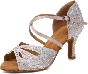 Women Latin Dance Shoes Rhinestones Open Toe Satin Professional Performance Bachata Salsa Ballroom Dancing Shoes,Model YCL642