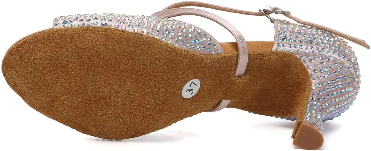 Women Latin Dance Shoes Rhinestones Open Toe Satin Professional Performance Bachata Salsa Ballroom Dancing Shoes,Model YCL642