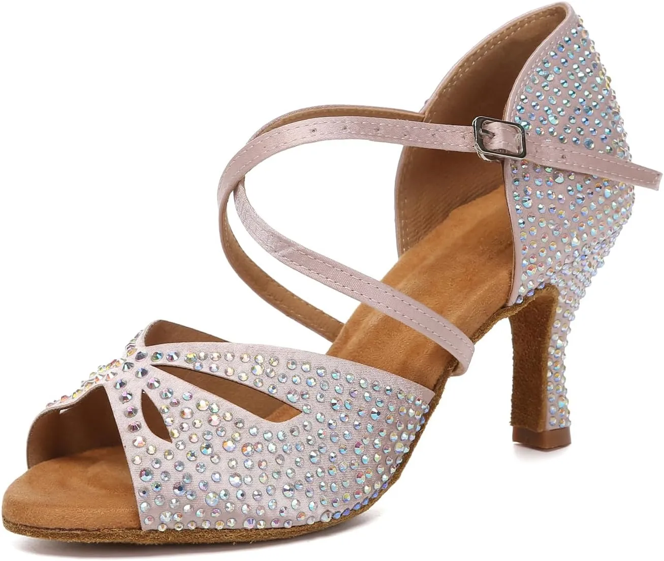 Women Latin Dance Shoes Rhinestones Open Toe Satin Professional Performance Bachata Salsa Ballroom Dancing Shoes,Model YCL642