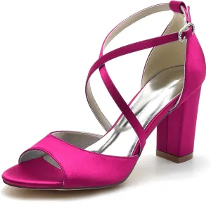 Women Open Toe Chunky Heel Shoes Strappy Wedding Party Bridal Sandals Evening Crisscross Straps High Heels