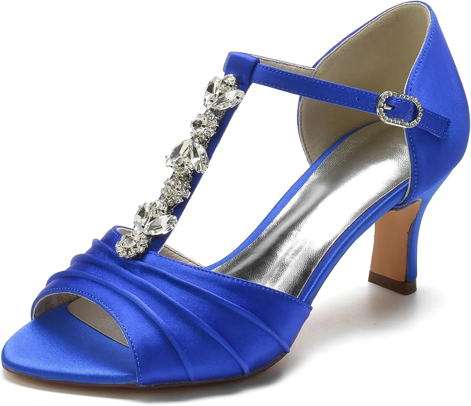 Women Rhinestones T-Strap Bridal Shoes Satin Mid Heel Wedding Dress Shoes Peep Toe Evening Prom Party Heeled Sandals