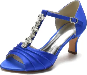 Women Rhinestones T-Strap Bridal Shoes Satin Mid Heel Wedding Dress Shoes Peep Toe Evening Prom Party Heeled Sandals
