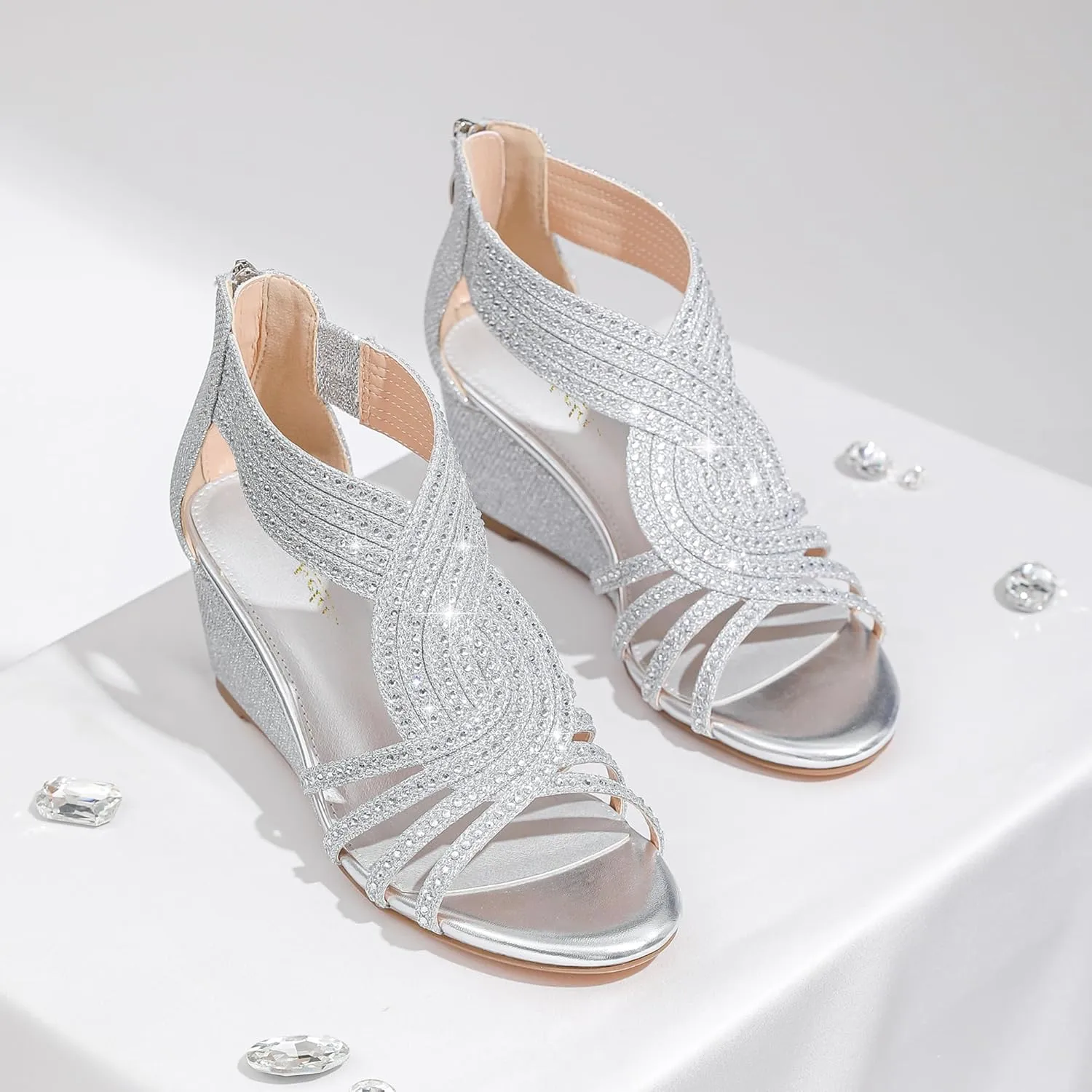 Women Wedge Sandals Sparkly Rhinestone Open Toe Fashion Dressy Sandals Evening Wedding Prom Shoes