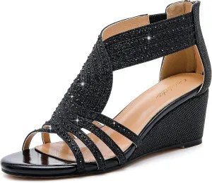 Women Wedge Sandals Sparkly Rhinestone Open Toe Fashion Dressy Sandals Evening Wedding Prom Shoes