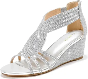 Women Wedge Sandals Sparkly Rhinestone Open Toe Fashion Dressy Sandals Evening Wedding Prom Shoes