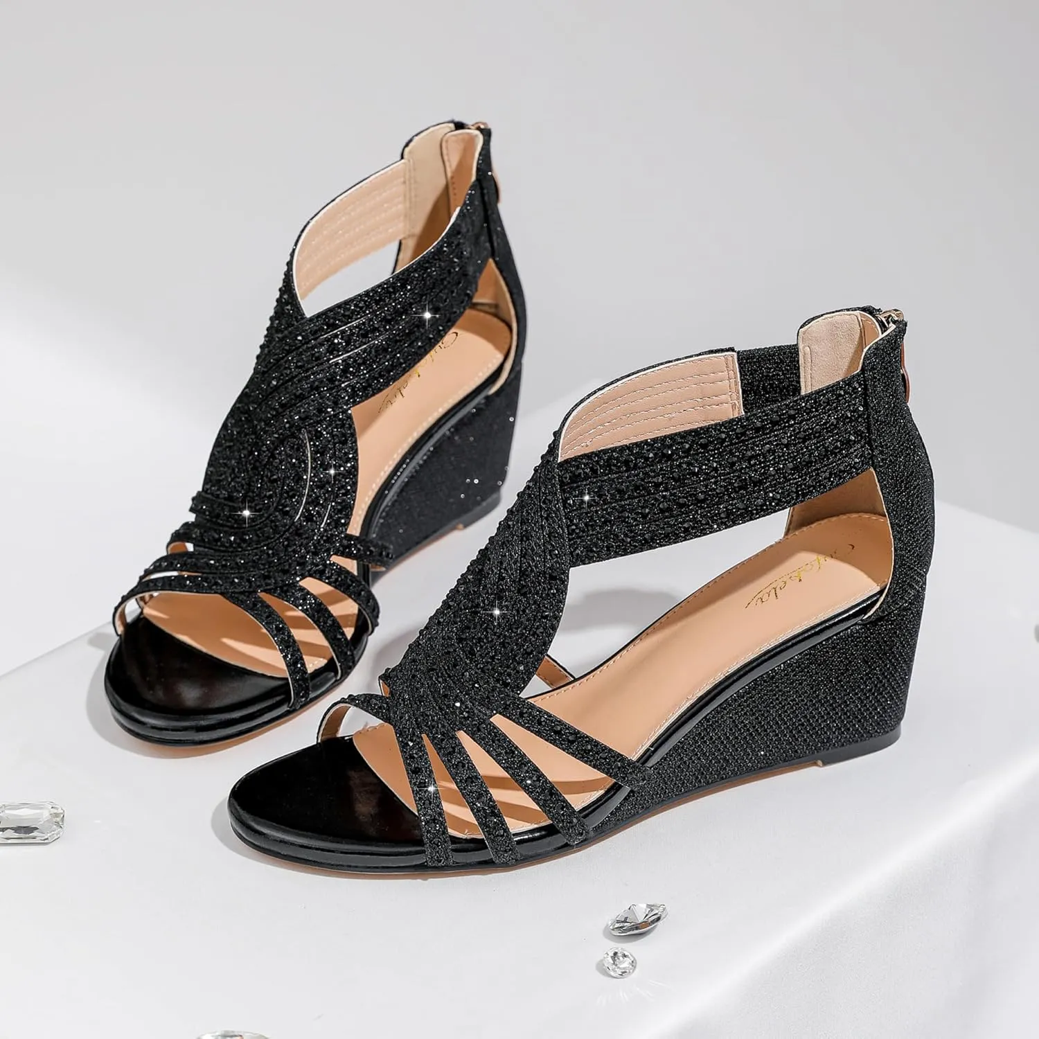 Women Wedge Sandals Sparkly Rhinestone Open Toe Fashion Dressy Sandals Evening Wedding Prom Shoes
