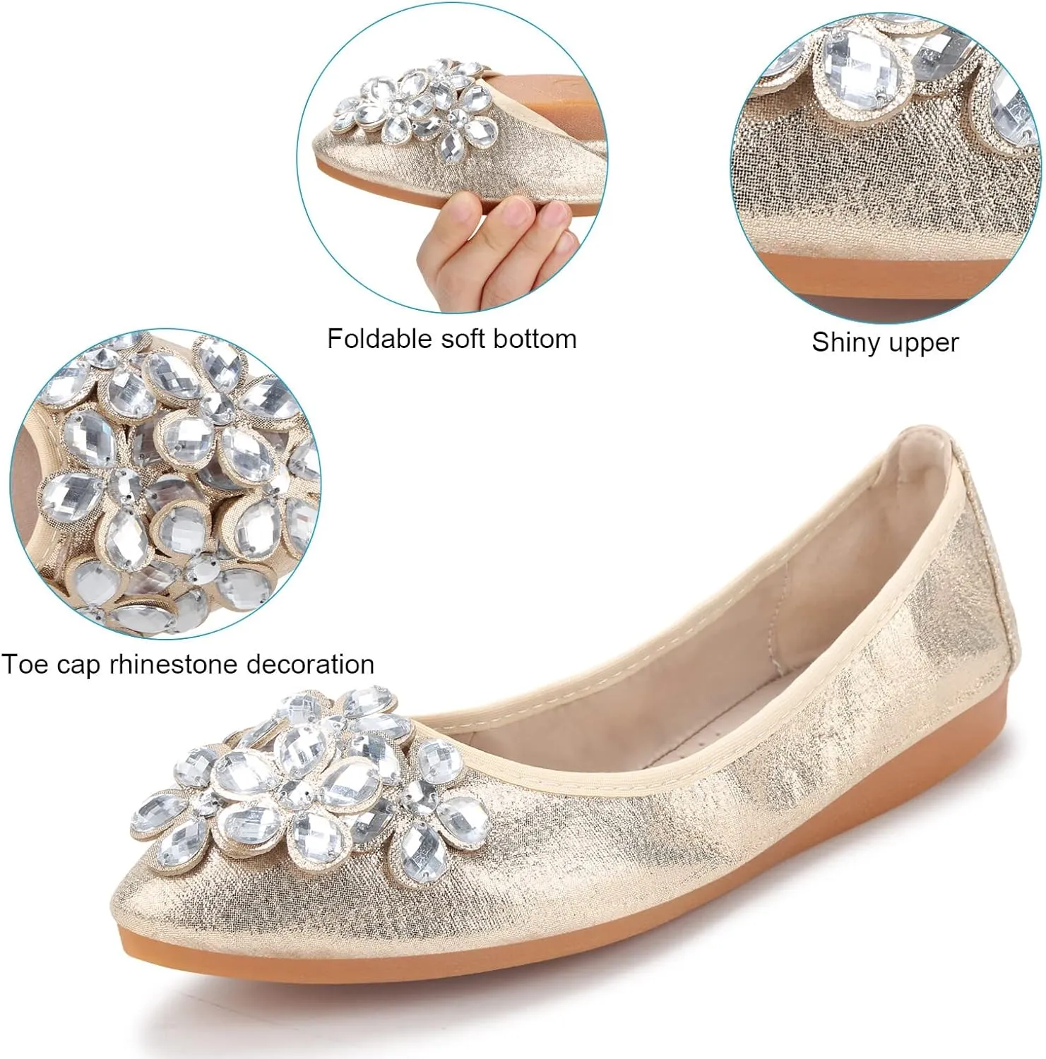 Women's Ballet Flats Rhinestone Soft Wedding Ballerina Shoes Foldable Sparkly Dress Comfort Slip on Flat Shoes