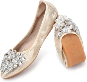Women's Ballet Flats Rhinestone Soft Wedding Ballerina Shoes Foldable Sparkly Dress Comfort Slip on Flat Shoes