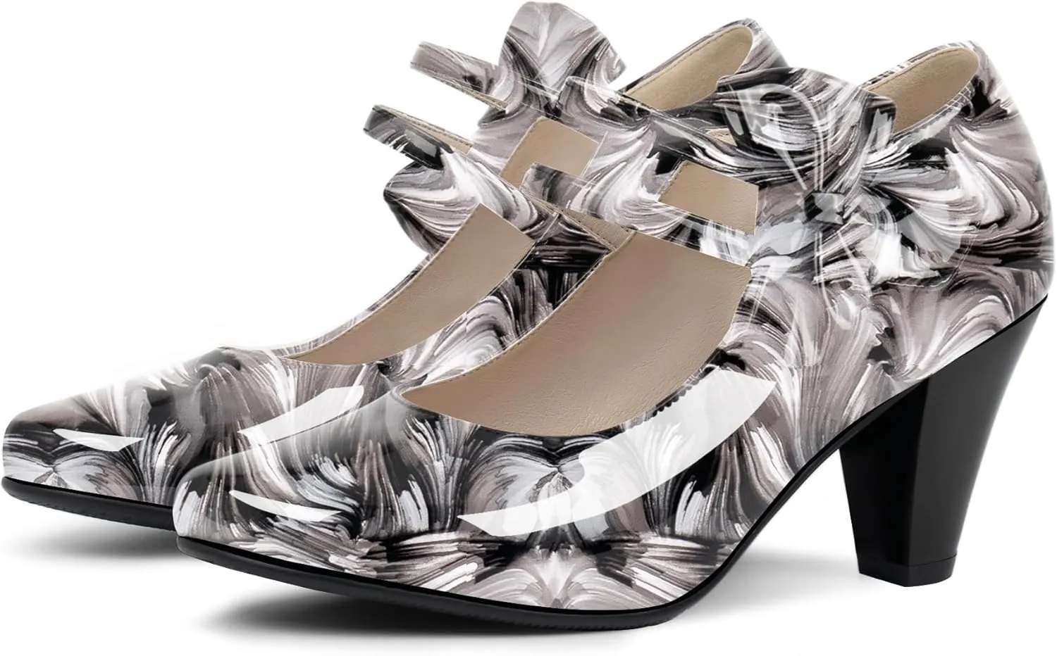 Women's Bowknot Patent Leather Sweet Closed Toe Chunky High Heel Mary Janes Pumps Almond Toe Hook Loop Ankle Strap Vintage Shoes