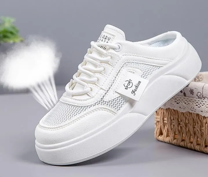 Women's Casual Walking Lace-Up Sneakers Knitting mesh Flat Mules Clogs Fashion Comfort Round Toe Platform Slip-On Daily Outdoor Work Half Slides