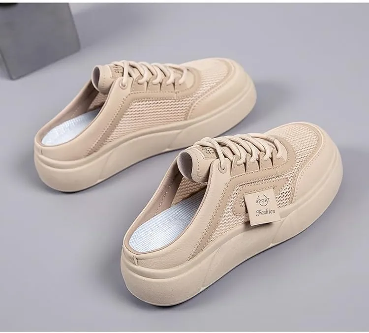Women's Casual Walking Lace-Up Sneakers Knitting mesh Flat Mules Clogs Fashion Comfort Round Toe Platform Slip-On Daily Outdoor Work Half Slides
