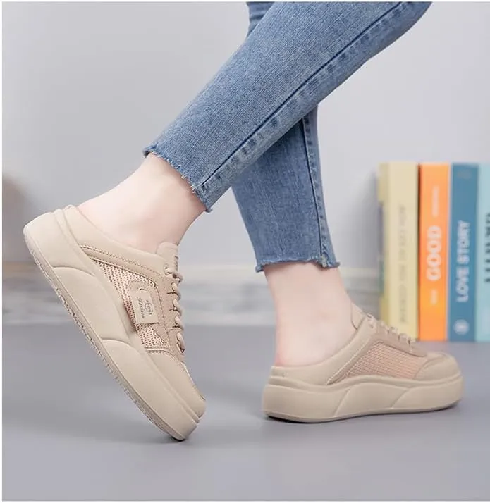 Women's Casual Walking Lace-Up Sneakers Knitting mesh Flat Mules Clogs Fashion Comfort Round Toe Platform Slip-On Daily Outdoor Work Half Slides