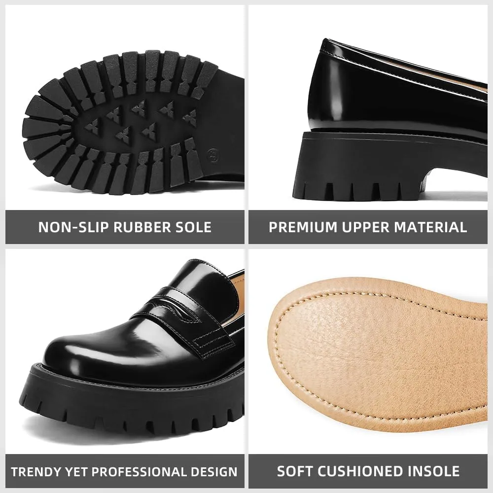 Women‘s Chunky Penny Loafers, Platform Lug Sole Slip On Business Casual Shoes, Patent Leather Comfortable Work Dressy Ladies Loafers