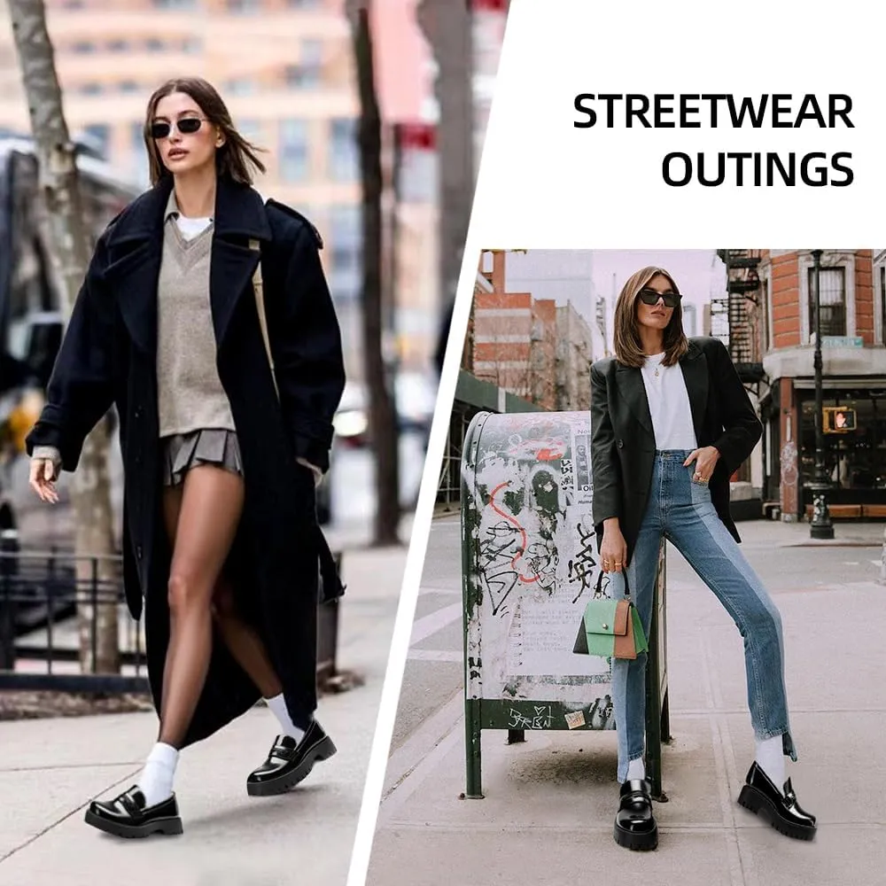 Women‘s Chunky Penny Loafers, Platform Lug Sole Slip On Business Casual Shoes, Patent Leather Comfortable Work Dressy Ladies Loafers